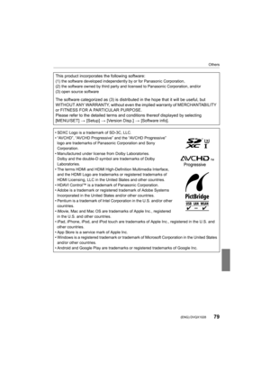 Page 7979
Others
 (ENG) DVQX1028
This product incorporates the following software:(1) the software developed independently by or for Panasonic Corporation,
(2) the software owned by third party and licensed to Panasonic Corporation, and/or
(3) open source software
The software categorized as (3) is distributed in the hope that  it will be useful, but 
WITHOUT ANY WARRANTY, without even the implied warranty of MERC HANTABILITY 
or FITNESS FOR A PARTICULAR PURPOSE.
Please refer to the detailed terms and...
