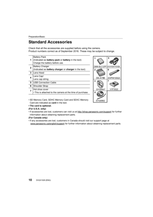 Page 10Preparation/Basic
10DVQX1028 (ENG) 
Standard Accessories
Check that all the accessories are supplied before using the camera.
Product numbers correct as of September 2016. These may be subj ect to change.
• SD Memory Card, SDHC Memory Card and SDXC Memory 
Card are indicated as  card in the text.
• The card is optional.
(For U.S.A. only)
• If accessories are lost, customers can visit us at http://shop .panasonic.com/support
 for further 
information about obtaining replacement parts.
(For Canada only)
•...