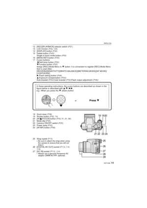 Page 1111VQT1S36
Before Use
12 [REC]/[PLAYBACK] selector switch (P21)
13 LCD monitor  (P44, 123)
14 [DISPLAY] button  (P42)
15 Delete button  (P42)/
Single or burst mode button  (P55)
16 [MENU/SET] button  (P20)
17 Cursor buttons 2/Self-timer button  (P52)
4Function button  (P25)
Assign [REC] Mode Menu to  4 button. It is convenient to register [REC] Mode Menu 
that is used often. 
[REVIEW]/[SENSITIVITY]/[WHITE BALANCE]/[METERING MODE]/[AF MODE]/
[I.EXPOSURE]
1/Flash setting button  (P46)
3/Exposure...