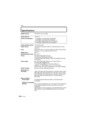 Page 146VQT1S36146
Others
Specifications
Digital Camera:Information for your safety
Power Source: DC 8.4 V
Power Consumption: 1.3 W (When recording with LCD Monitor)
1.2 W (When recording with Viewfinder)
0.6 W (When playing back with LCD Monitor)
0.5 W (When playing back with Viewfinder)
Camera effective pixels:10,100,000 pixels
Image sensor: 1/2.33q CCD, total pixel number 10,700,000 pixels, Primary 
color filter
Lens: Optical 18kzoom, fl4.8 mm to 86.4 mm (35 mm film camera 
equivalent: 27 mm to 486 mm)/F2.8...