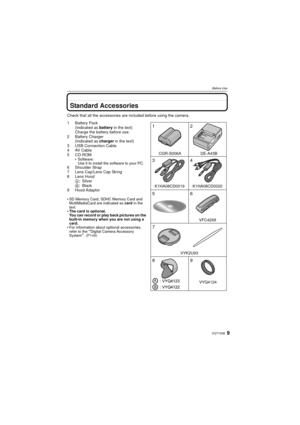 Page 99VQT1S36
Before Use
Standard Accessories
Check that all the accessories are included before using the camera.
1Battery Pack(Indicated as  battery in the text)
Charge the battery before use.
2 Battery Charger (Indicated as  charger in the text)
3 USB Connection Cable
4 AV Cable
5 CD-ROM 
Software:
Use it to install the software to your PC.
6 Shoulder Strap
7 Lens Cap/Lens Cap String
8 Lens Hood
A: Silver
B:Black
9 Hood Adaptor

SD Memory Card, SDHC Memory Card and 
MultiMediaCard are indicated as  card in...