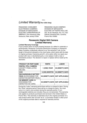 Page 106106
Others
Limited Warranty (For USA Only)
PANASONIC CONSUMER 
ELECTRONICS COMPANY, 
DIVISION OF MATSUSHITA 
ELECTRIC CORPORATION OF 
AMERICA, One Panasonic Way 
Secaucus, New Jersey 07094
PANASONIC SALES COMPANY,
DIVISION OF MATSUSHITA 
ELECTRIC OF PUERTO RICO, INC.
Ave. 65 de Infanteria, Km. 9.5, San 
Gabriel Industrial Park, Carolina, 
Puerto Rico 00985
Panasonic Digital Still Camera
Limited Warranty
Limited Warranty Coverage
If your product does not work properly because of a defect in materials or...