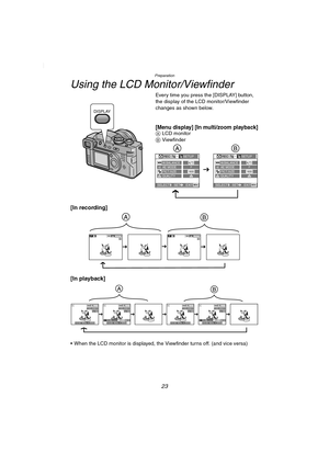 Page 23Preparation
23
Using the LCD Monitor/Viewfinder
Every time you press the [DISPLAY] button, 
the display of the LCD monitor/Viewfinder 
changes as shown below.
[Menu display] [In multi/zoom playback]A LCD monitor
B Viewfinder
[In recording]
[In playback]
 When the LCD monitor is displayed, the Viewfinder turns off. (and vice versa)
DISPLAY
1600PICT.SIZEQUALITY
REC1
/
4
W.BALANCE 
SETUP
SELECT SET
EXITMENU
AE MODEPAUTOAE1600PICT.SIZEQUALITY
REC1
/
4
W.BALANCE 
SETUP
SELECT SET
EXITMENU
AE MODEPAUTOAE...