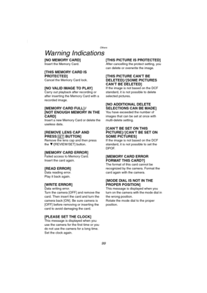 Page 99Others
99
Warning Indications
[NO MEMORY CARD]Insert the Memory Card.
[THIS MEMORY CARD IS 
PROTECTED]
Cancel the Memory Card lock.
[NO VALID IMAGE TO PLAY]Carry out playback after recording or 
after inserting the Memory Card with a 
recorded image.
[MEMORY CARD FULL] /
[NOT ENOUGH MEMORY IN THE 
CARD]
Insert a new Memory Card or delete the 
useless data.
[REMOVE LENS CAP AND 
PRESS BUTTON]
Remove the lens cap and then press 
the 4/[REVIEW/SET] button.
[MEMORY CARD ERROR]Failed access to Memory Card....