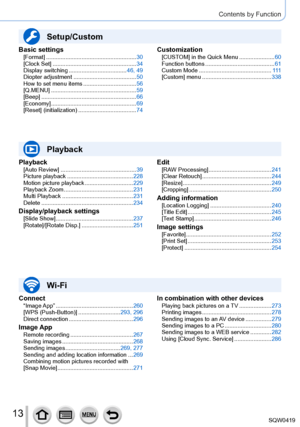 Page 1313
Contents by Function
Playback
[Auto Review] ........ ....................................... 39
Picture playback ........ .................................228
Motion picture playback
 ........

......................229
Playback Zoom
 ........

................................... 231
Multi Playback
 ........

.................................... 231
Delete
 ........

................................................. 234
Display/playback settings[Slide Show]...