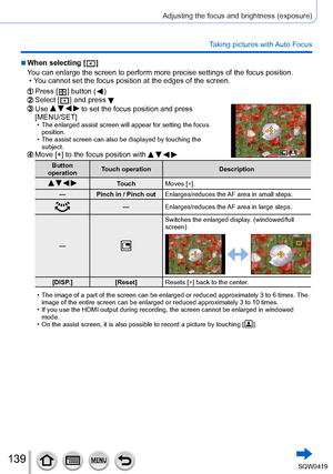 Page 139139
Adjusting the focus and brightness (exposure)
Taking pictures with Auto Focus
 ■When selecting [  ]
Y
ou can enlarge the screen to perform more precise settings of the focus \
position.
 • Y

ou cannot set the focus position at the edges of the screen.
Press [  ] button (  )Select [  ] and press Use     to set the focus position and press 
[MENU/SET]
 • The enlarged assist screen will appear for setting the focus 
position.
 • The assist screen can also be displayed by touching the subject.
Move [+]...