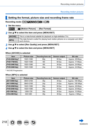 Page 218218
Recording motion pictures
Recording motion pictures
Setting the format, picture size and recording frame rate
Recording mode: 
1Set the menu
 →  [Motion Picture] → [Rec Format]
2Use   to select the item and press [MENU/SET]
[AVCHD]This is a data format suitable for playback on high-definition TVs.
[MP4] This data format is suited for playing back motion pictures on a compute\
r and other 
such devices.
3Use   to select [Rec Quality] and press [MENU/SET]
4Use   to select the item and press [MENU/SET]...