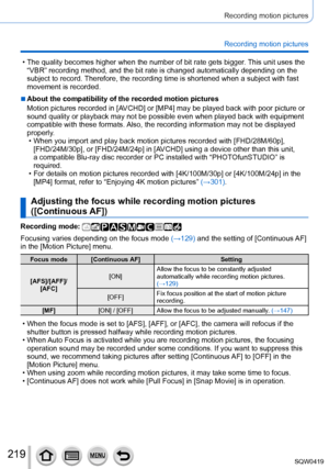 Page 219219
Recording motion pictures
Recording motion pictures
 • The quality becomes higher when the number of bit rate gets bigger. This unit uses the 
“VBR” recording method, and the bit rate is changed automatically \
depending on the 
subject to record. Therefore, the recording time is shortened when a subject with fast 
movement is recorded.
 ■About the compatibility of the recorded motion pictures
Motion pictures recorded in [AVCHD] or [MP4] may be played back with poor picture or 
sound quality or...