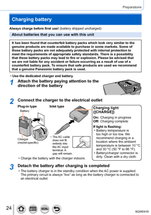 Page 2424
Preparations
Charging battery
Always charge before first use! (battery shipped uncharged)
About batteries that you can use with this unit
It has been found that counterfeit battery packs which look very similar\
 to the 
genuine products are made available to purchase in some markets. Some of\
 
these battery packs are not adequately protected with internal protectio\
n to 
meet the requirements of appropriate safety standards. There is a possib\
ility 
that these battery packs may lead to fire or...