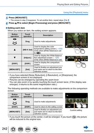 Page 242242
Playing Back and Editing Pictures
Using the [Playback] menu
5Press [MENU/SET] • The screen in step 3 reappears. To set another item, repeat steps 3 to 5.
6Press   to select [Begin Processing] and press [MENU/SET]
 ■Setting each item
When you select an item, the setting screen appears.
Button 
operation Touch 
operation Description
 Drag
Used to make adjustments
[WB K Set] Used to display the color 
temperature setting screen 
(→120)
(Only when [White Balance] is set 
to [
  ])
[Adjust.] Used to...
