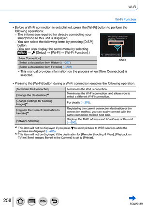 Page 258258
Wi-Fi
Wi-Fi Function
 • Before a Wi-Fi connection is established, press the [Wi-Fi] button to perform the following operations:
 – The information required for directly connecting your  smartphone to this unit is displayed.
 – Y

ou can select the following items by pressing [DISP.] 
button. 
(You can also display the same menu by selecting 
 →  [Setup] → [ Wi-Fi] → [Wi-Fi Function].)
[New Connection]
[Select a destination from History] (→297)
[Select a destination from Favorite] (→297)SSID
 • This...