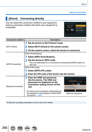 Page 296296
Wi-Fi
About connections
[Direct]    Connecting directly
You can select the connection method to your equipment.
Select a connection method with which your equipment is 
compatible.
Connection methodDescription
[Wi-Fi Direct]
1Set the device to Wi-Fi Direct® mode
2Select [Wi-Fi Direct] on the camera screen
3On the camera screen, select the device to connect to
[WPS Connection] [WPS (Push-Button)]
1Select [WPS (Push-Button)]
2Set the device to WPS mode • You can wait longer for a connection by pressing...