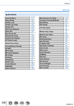 Page 338338
Others
Menu list
 [Custom]
[Cust.Set Mem.]→111
[Silent Mode] →191
[AF/AE Lock] →152
[AF/AE Lock Hold] →152
[Shutter AF] →143
[Half Press Release] →143
[Quick AF] →143
[Eye Sensor AF] →51
[Pinpoint AF Time] →140
[Pinpoint AF Display] →140
[AF Assist Lamp] →144
[Direct Focus Area] →137
→148
[Focus/Release Priority] →144
[AF+MF] →144
[MF Assist] →150
[MF Assist Display] →148
[MF Guide] →150
[Peaking] →151
[Histogram] →47
[Guide Line] →48
[Center Marker] →196
[Highlight] →49
[Zebra Pattern]...