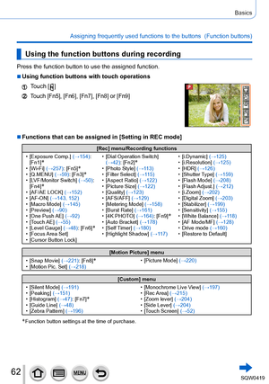 Page 6262
Basics
Assigning frequently used functions to the buttons  (Function buttons)\
Using the function buttons during recording
Press the function button to use the assigned function.
 ■Using function buttons with touch operations
Touch [  ]
Touch [Fn5], [Fn6], [Fn7], [Fn8] or [Fn9]
 ■Functions that can be assigned in [Setting in REC mode]
[Rec] menu/Recording functions
 • [Exposure Comp.] (→

154): 
[Fn1]
* • [Wi-Fi] (→ 257): [Fn5]* • [Q.MENU] (→ 59): [Fn3]* • [LVF/Monitor Switch] (→50): 
[Fn4]* • [AF/AE...