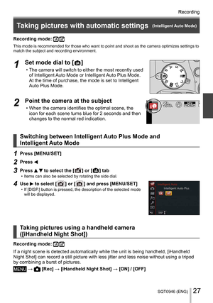 Page 27SQT0946 (ENG)27
Recording  
Recording
 
 
Taking pictures with automatic settings  (Intelligent Auto Mode)
 
Recording mode:   
