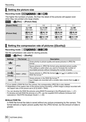 Page 30Recording
SQT0946 (ENG)30
    
Setting the picture size
 
Recording mode:   
