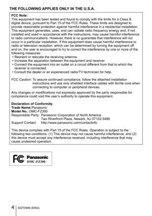 Page 4SQT0946 (ENG)4
THE FOLLOWING APPLIES ONLY IN THE U.S.A.
FCC Note:
