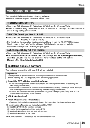 Page 49SQT0946 (ENG)49
Others
  About supplied software
 
The supplied DVD contains the following software.
  