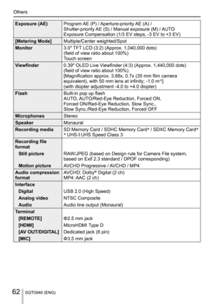 Page 62Others
SQT0946 (ENG)62
  Exposure (AE) 
Program AE (P) / Aperture-priority AE (A) / 
Shutter-priority AE (S) / Manual exposure (M) / AUTO
  
