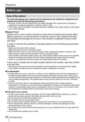 Page 10Preparations
SQT0946 (ENG)10
  Preparations
 
Before use
 
Care of the camera
 
T