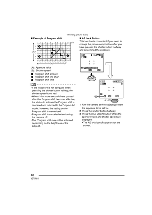 Page 40Recording pictures (basic)
40VQT0R81
∫Example of Program shift
(A): Aperture value
(B): Shutter speed
1 Program shift amount
2 Program shift line chart 
3 Program shift limit 
 If the exposure is not adequate when 
pressing the shutter button halfway, the 
shutter speed turns red.
 When 10 or more seconds have passed  after the Program shift becomes effective, 
the status to activate the Program shift is 
canceled and returned to the Program AE 
mode. However, the setting on the 
Program shift is...