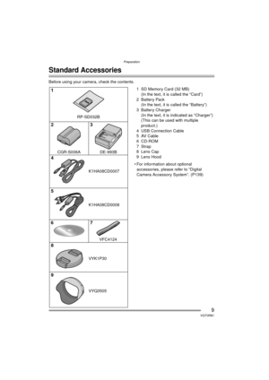 Page 9Preparation
9VQT0R81
Preparation
Standard Accessories
Before using your camera, check the contents.o1 SD Memory Card (32 MB)(In the text, it is called the “Card”)
2Battery Pack (In the text, it is called the “Battery”)
3 Battery Charger
(In the text, it is indicated as “Charger”)
(This can be used with multiple 
product.)
4 USB Connection Cable
5AV Cable
6 CD-ROM
7Strap
8 Lens Cap
9 Lens Hood
 For information about optional  accessories, please refer to “Digital 
Camera Accessory System”. (P139)...