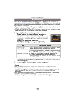Page 122Advanced (Recording pictures)
- 122 -
When [AUTO REGISTRATION] is set to [ON] in step 3 of “Change the information for a 
registered person”  (P121) while [FACE RECOG.] in the [REC] Mode menu is set to [ON], 
the registration screen will display automatically after taking a picture of a face that has a 
high number of appearances.
•
Registration screen is displayed after approximately 3 pictures. (It is not counted when Burst 
and Auto Bracket/Color Bracket is set.)
•It may be extremely hard to recognize...