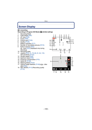 Page 193- 193 -
Others
OthersScreen Display
∫In recording
Recording in Program AE Mode [ ] (Initial setting)
1 Recording Mode
2Flash Mode  (P64)
3AF area  (P49)
4 Focus  (P49)
5 Picture size (P129)
6Quality  (P130)
7 Battery indication  (P17)
8 Number of recordable pictures (P215)
9 Built-in memory  (P22)
: Card  (P22) (displayed only during 
recording)
10 Recording state
11 Joystick  (P29, 51 , 75 , 80 , 81 , 83 , 11 5 )
ISO sensitivity (P132)
12 Shutter speed  (P49)
13 Aperture value  (P49)
14 Exposure...
