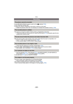 Page 205- 205 -
Others
•Is the [REC]/[PLAYBACK] selector switch at the [!] setting?  (P26)•Is the mode dial correctly set?•Is there any memory remaining on the built-in memory or the card?
> Delete the pictures which are not necessary to increase the available memory.  (P58)
•The picture can become whitish if there is dirt e.g. fingerprints on the lens.
>  If the lens is dirty, turn the camera off, retract the lens barrel  (P10) and gently wipe the lens 
surface with a soft dry cloth.
•Was this picture taken...