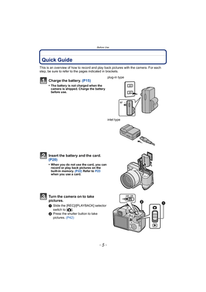 Page 5- 5 -
Before Use
Bef or e UseQuick Guide
This is an overview of how to record and play back pictures with the camera. For each 
step, be sure to refer to the pages indicated in brackets.
Charge the battery. (P15)
•The battery is not charged when the 
camera is shipped. Charge the battery 
before use.
plug-in type
inlet type
Insert the battery and the card.  
(P20)
•When you do not use the card, you can 
record or play back pictures on the 
bu ilt-in memory. (P22) Refer to P23  
when you use a card.
Turn...