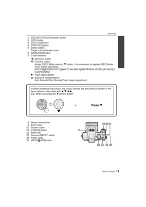 Page 1111(ENG) VQT2G40
Before Use
11 [REC]/[PLAYBACK] selector switch
12 LCD monitor
13 [EVF/LCD] button
14 [DISPLAY] button
15 Delete button/Single or Burst Mode button
16 [MENU/SET] button
17 Cursor buttons
18 Stereo microphone
19 Zoom lever
20 Shutter button
21 [FOCUS] button
22 Mode dial
23 Camera ON/OFF switch
24 Power lamp
25 [AF/AF #/MF] button
2/ Self-timer button
4/ Function button
Assign [REC] Mode menu to  4 button. It is convenient to register [REC] Mode 
menu that is used often....