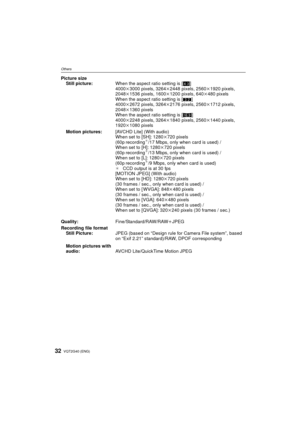 Page 32VQT2G40 (ENG)32
Others
Picture sizeStill picture: When the aspect ratio setting is [ X]
4000k 3000 pixels, 3264 k2448 pixels, 2560 k1920 pixels, 
2048k 1536 pixels, 1600 k1200 pixels, 640 k480 pixels
When the aspect ratio setting is [ Y]
4000k 2672 pixels, 3264 k2176 pixels, 2560 k1712 pixels, 
2048k 1360 pixels
When the aspect ratio setting is [ W]
4000k 2248 pixels, 3264 k1840 pixels, 2560 k1440 pixels, 
1920k 1080 pixels
Motion pictures: [AVCHD Lite] (With audio)
When set to [SH]: 1280k720 pixels...