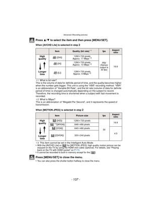 Page 107- 107 -
Advanced (Recording pictures)
Press 3/4 to select the item and then press [MENU/SET].
When [AVCHD Lite] is selected in step 2
¢1What is bit rate?
This is the volume of data for definite period of time, and the quality becomes higher 
when the number gets bigger. This unit is using the “VBR” recording method. “VBR” 
is an abbreviation of “Variable Bit Rate”, and the bit rate (volume of data for definite 
period of time) is changed automatically depending on the subject to record. 
Therefore, the...