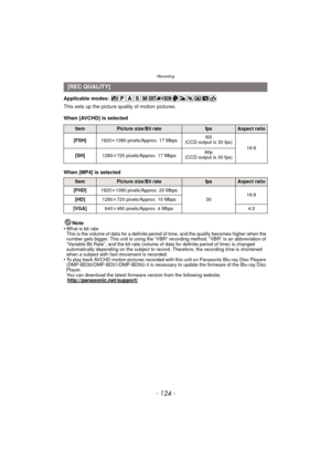 Page 124Recording
- 124 -
Applicable modes: 
This sets up the picture quality of motion pictures.
When [AVCHD] is selected
When [MP4] is selectedNote
•
What is bit rate
This is the volume of data for a definite period of time, and the quality becomes higher when the 
number gets bigger. This unit is using the “VBR” recording method. “VBR” is an abbreviation of 
“Variable Bit Rate”, and the bit rate (volume of data for definite period of time) is changed 
automatically depending on the subject to record....