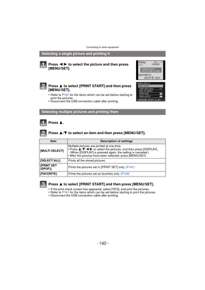 Page 160Connecting to other equipment
- 160 -
Selecting a single picture and printing itPress  2/1 to select the picture and then press 
[MENU/SET].
Press  3 to select [PRINT START] and then press 
[MENU/SET].
•Refer to  P161 for the items which can be set before starting to 
print the pictures.
•Disconnect the USB connecti on cable after printing.
Selecting multiple pictures and printing them
Press  3.
Press  3/4 to select an item and then press [MENU/SET].
ItemDescription of settings
[MULTI SELECT] Multiple...