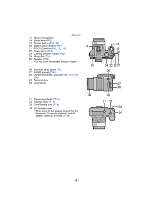 Page 8Before Use
- 8 -
17 Stereo microphone
18 Zoom lever (P62)
19 Shutter button  (P27, 31)
20 Motion picture button  (P34)
21 [FOCUS] button  (P31, 72, 115)
22 Power lamp  (P22)
23 Camera ON/OFF switch  (P22)
24 Mode dial  (P24)
25 Speaker  (P50)
•
Do not cover the speaker with your fingers.
26 Shoulder strap eyelet  (P12)
27 [HDMI] socket  (P146)
28 [AV OUT/DIGITAL] socket  (P146, 153 , 156, 
159)
29 Terminal door
30 Lens barrel
31 Tripod receptacle (P175)
32 Release lever  (P18)
33 Card/Battery door...