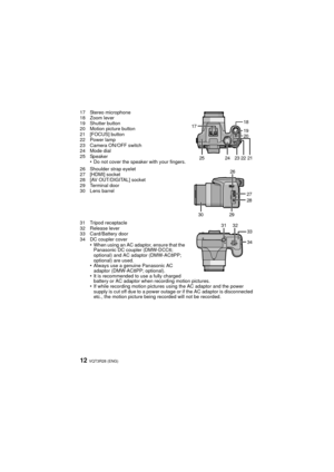 Page 12VQT3R28 (ENG)12
17 Stereo microphone
18 Zoom lever
19 Shutter button
20 Motion picture button
21 [FOCUS] button
22 Power lamp
23 Camera ON/OFF switch
24 Mode dial
25 Speaker
•Do not cover the speaker with your fingers.
26 Shoulder strap eyelet
27 [HDMI] socket
28 [AV OUT/DIGITAL] socket
29 Terminal door
30 Lens barrel
31 Tripod receptacle
32 Release lever
33 Card/Battery door
34 DC coupler cover
•When using an AC adaptor, ensure that the 
Panasonic DC coupler (DMW-DCC6; 
optional) and AC adaptor...