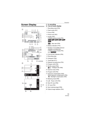 Page 13Preparation
13 VQT0X92
Screen DisplayIn recording
  Out-of-frame display
1 Recording mode (P32)
2 Flash mode (P47)
3 Focus (P32)
4 Picture size (P87)
5 Quality (P87)
In Motion picture mode (P76)
//// /
: Jitter alert (P35)
6 Battery indication (P16)
7 Number of recordable pictures/
Available recording time
In Motion picture mode (P76)
e.g.: 
8 Card access indication (P20)
9 Recording state
10 Histogram (P46)
11 Travel date (P71)
12 Elapsed recording time (P76)
13 Program shift (P33)
14 Shutter speed...