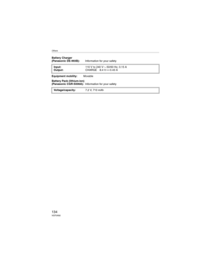 Page 134Others
134VQT0X92
Battery Charger
(Panasonic DE-993B):Information for your safety
Equipment mobility:Movable
Battery Pack (lithium-ion)
(Panasonic CGR-S006A):Information for your safety Input:110 V to 240 V 50/60 Hz, 0.15 A
Output:CHARGE 8.4 V 0.43 A
Voltage/capacity:7.2 V, 710 mAh 