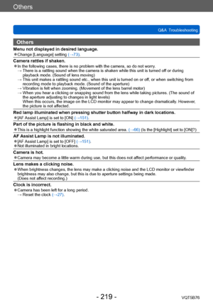Page 219Others
Q&A  TroubleshootingVQT5B76
- 219 -
Others
Menu not displayed in desired language. ●Change [Language] setting  (→73).
Camera rattles if shaken. ●In the following cases, there is no problem with the camera, so do not worry . →  There is a rattling sound when the ca
mera is shaken while this unit is turned off or during 
playback mode. (Sound of lens moving)
 →  This unit makes a rattling sound etc.,

 when this unit is turned on or off, or when switching from 
recording mode to playback mode....