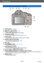 Page 12Preparations
Names and Functions of Main PartsVQT5B76
- 12 -
23LCD monitor (→63, 208)
24
[  ] (Flash open) button (→78)
25
Diopter adjustment dial (→13)Turn the dial to adjust the focus in the viewfinder.
26Viewfinder ([LVF]) (→13)In this manual, “viewfinder” is used to indicate the LVF.
27[LVF] button (→13)Use this to switch display between viewfinder and LCD monitor.
28[AF/AE LOCK (Fn1)] buttonUse to lock the exposure and focus  (→105). 
Also operates as a function button  (→107).
29Rear dial (→14)
30...