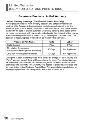Page 3030   VQT5B59 (ENG)
Limited Warranty 
(ONLY FOR U.S.A. AND PUERTO RICO)
Panasonic Products Limited Warranty
Limited Warranty Coverage (For USA and Puerto Rico Only)
If your product does not work properly because of a defect in materials or 
workmanship, Panasonic Corporation of North America (referred to as “the 
warrantor”) will, for the length of the period indicated on the chart below, which 
starts with the date of original purchase (“warranty period”), at its option either 
(a) repair your product...