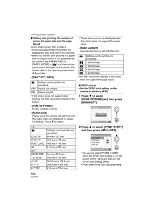 Page 102Connecting to other equipment
102VQT0V63
∫Setting date printing, the number of 
prints, the paper size and the page 
layout
Select and set each item in step 3.
 Items not supported by the printer are 
displayed in gray and cannot be selected.
 When you want to print pictures in a paper 
size or a layout which is not supported by 
the camera, set [PAPER SIZE] or 
[PAGE LAYOUT] to [ ] and then set the 
paper size or the layout on the printer. (For 
details, refer to the operating instructions 
of the...