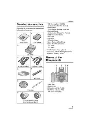 Page 9Preparation
9VQT0V63
Preparation
Standard Accessories
Check that all the accessories are included 
before using the camera.1 SD Memory Card (16 MB)
(Indicated as “Card” in the text)
2Battery Pack
(Indicated as “Battery” in the text)
3 Battery Charger
(Indicated as “Charger” in the text)
4 USB Connection Cable
5AV Cable
6 CD-ROM
7 Shoulder Strap
8 Lens Cap/Lens Cap String
9 Lens Hood/Hood Adaptor
A:Silver
B:Black
 For information about optional 
accessories, refer to the “Digital Camera 
Accessory...