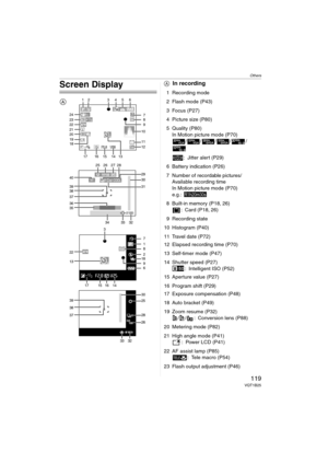 Page 119Others
119VQT1B25
Screen DisplayAIn recording
1 Recording mode
2 Flash mode (P43)
3 Focus (P27)
4 Picture size (P80)
5 Quality (P80)
In Motion picture mode (P70)
//// /
: Jitter alert (P29)
6 Battery indication (P26)
7 Number of recordable pictures/
Available recording time
In Motion picture mode (P70)
e.g.: 
8 Built-in memory (P18, 26)
: Card (P18, 26)
9 Recording state
10 Histogram (P40)
11 Travel date (P72)
12 Elapsed recording time (P70)
13 Self-timer mode (P47)
14 Shutter speed (P27)
: Intelligent...