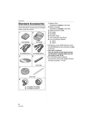 Page 8Preparation
8VQT1B25
Preparation
Standard Accessories
Check that all the accessories are included 
before using the camera.
1Battery Pack
(Indicated as battery in the text)
2Battery Charger
(Indicated as charger in the text)
3USB Connection Cable4AV  C a b l e5CD-ROM
6Shoulder Strap7Lens Cap/Lens Cap String8Lens Hood/Hood Adaptor
A: Silver
B:Black
 SD Memory Card, SDHC Memory Card 
and MultiMediaCard are indicated as card 
in the text.
 The card is optional.
You can record or play back pictures 
on the...