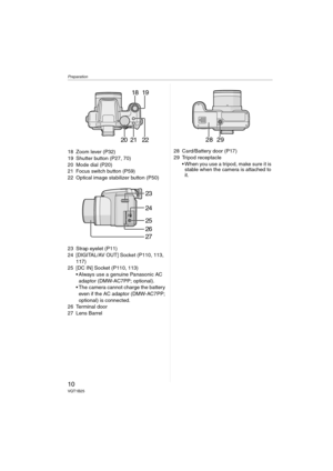 Page 10Preparation
10VQT1B25
18 Zoom lever (P32)
19 Shutter button (P27, 70)
20 Mode dial (P20)
21 Focus switch button (P59)
22 Optical image stabilizer button (P50)
23 Strap eyelet (P11)
24 [DIGITAL/AV OUT] Socket (P110, 113, 
117)
25 [DC IN] Socket (P110, 113)
 Always use a genuine Panasonic AC 
adaptor (DMW-AC7PP; optional).
 The camera cannot charge the battery 
even if the AC adaptor (DMW-AC7PP; 
optional) is connected.
26 Terminal door
27 Lens Barrel28 Card/Battery door (P17)
29 Tripod receptacle
 When...