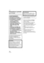 Page 142Others
142VQT1B25
Others
Précautions à prendre 
(pour le Canada)
 Assurez-vous d’utiliser un adaptateur 
secteur de marque Panasonic (DMW-
AC7PP; en option).
 Assurez-vous d’utiliser une batterie de 
marque Panasonic (CGA-S006A).
 Si vous utilisez d’autres batteries, nous ne 
pouvons pas garantir la qualité de ce 
produit.
 N’utilisez pas d’autres câbles de 
connexion USB à l’exception de celui 
fourni.
 N’utilisez pas d’autres câbles AV à 
l’exception de celui fourni.
 Conservez la carte mémoire hors de...