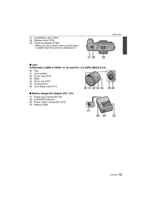 Page 1313VQT2S62
Before Use
37 Card/Battery door (P24)
38 Release lever (P24)
39 Tripod receptacle (P169)•
When you use a tripod, make sure the tripod 
is stable when the camera is attached to it.
∫Lens
H-FS014042 (LUMIX G VARIO 14 – 42 mm/F3.5 – 5.6 ASPH./MEGA O.I.S.)
40 Tele
41 Lens surface
42 Focus ring (P73)
43 Wide
44 Zoom ring (P47)
45 Contact point
46 Lens fitting mark (P17)
∫ Battery charger/AC adaptor (P21, 161)
47 Power input socket [AC IN]
48 [CHARGE] indicator
49 Power output socket [DC OUT]
50...