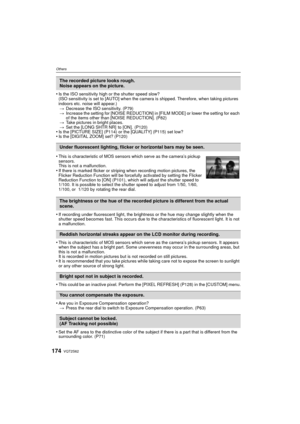 Page 174VQT2S62174
Others
•Is the ISO sensitivity high or the shutter speed slow?
(ISO sensitivity is set to [AUTO] when the camera is shipped. Therefore, when taking pictures 
indoors etc. noise will appear.)> Decrease the ISO sensitivity. (P79)
> Increase the setting for [NOISE REDUCTION] in [FILM MODE] or lower the setting for each 
of the items other than [NOISE REDUCTION]. (P82)
> Take pictures in bright places.
> Set the [LONG SHTR NR]  to [ON]. (P120)
•Is the [PICTURE SIZE]  (P114) or the [QUALITY]...